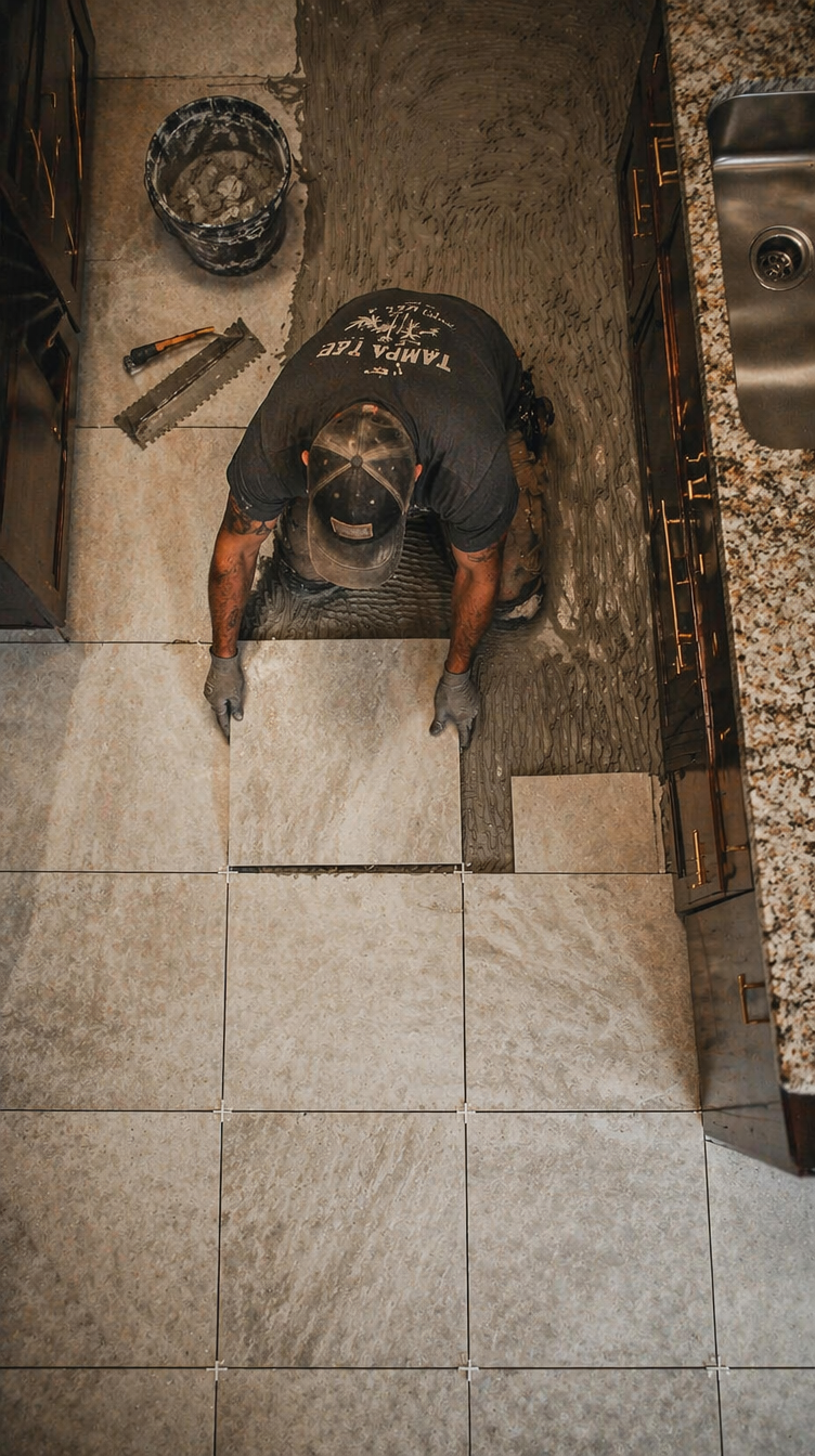 Overhead shot of tile work, vertical reel still